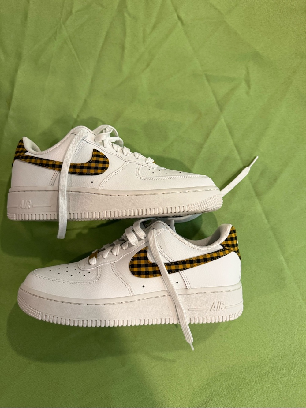 Nike Air Women’s White Sneakers with Yellow Plaid Swoosh Accent $40
